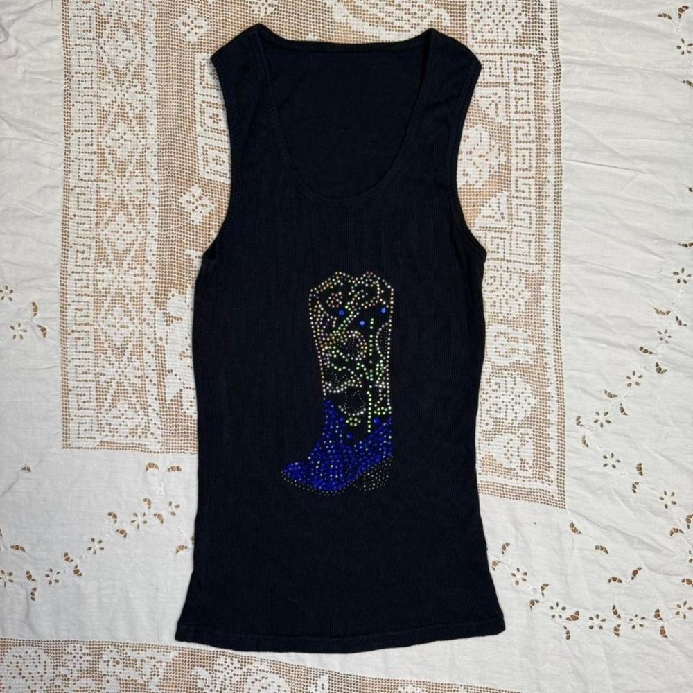 Bay Blue Black Rhinestone Boot Ribbed Tank Top XS - Picture 3 of 7